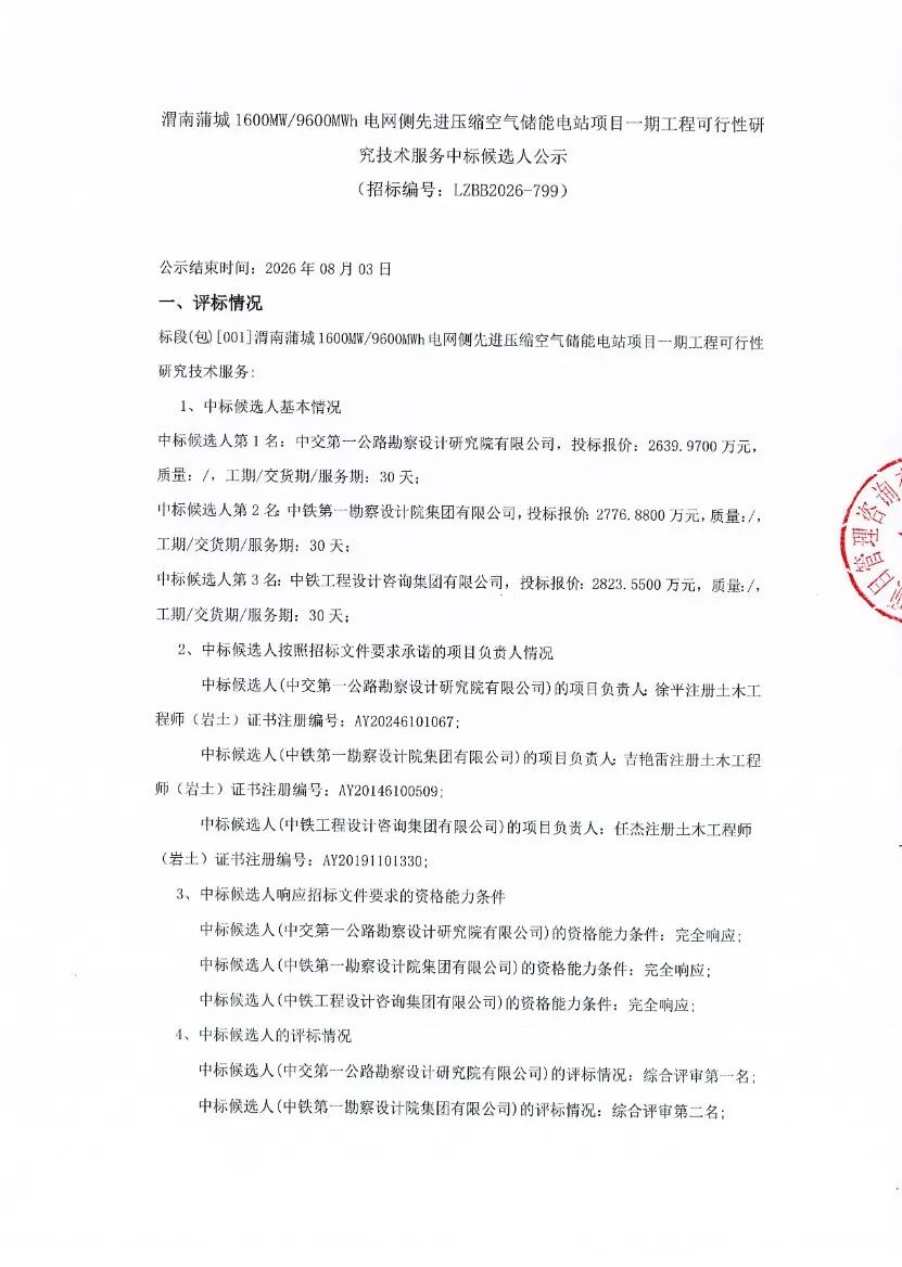 中交一公院预中标！渭南蒲城1600MW/9600MWh电网侧先进压缩空气储能电站项目一期工程可行性研究技术服务中标候选人公示