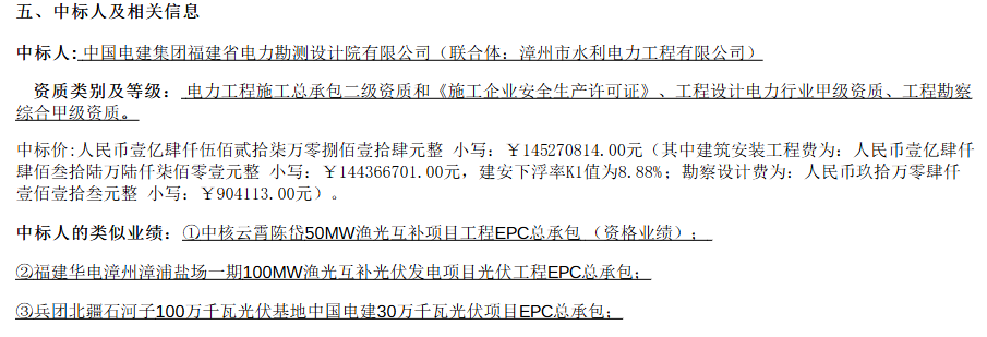 2.79元/W！福建漳州52MWp光伏电站EPC总承包公示中标结果