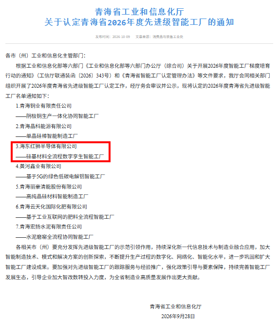 亚洲硅业旗下海东红狮荣获“青海省先进级智能工厂”称号 ——数字化赋能制造业高质量发展