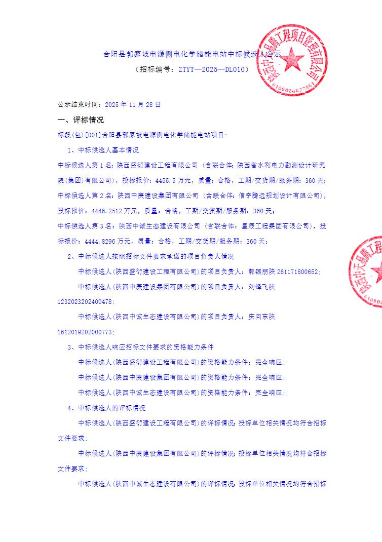 0.6945~0.6962元/Wh！陕西合阳县郭家坡电源侧电化学储能电站中标候选人公示