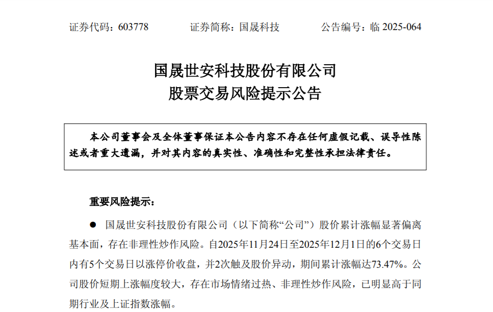 国晟科技发布风险提示:6日涨超73%后,业绩亏损与高估值隐忧凸显