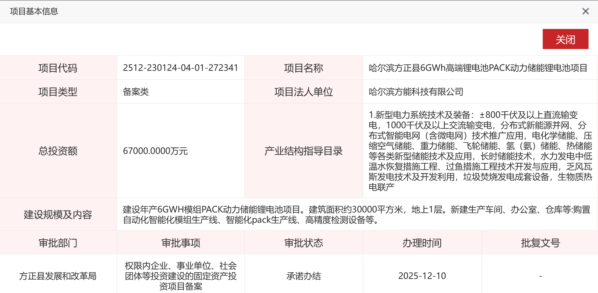  总投资 6.7 亿元！哈尔滨方正县 6GWh 储能锂电池项目备案落地