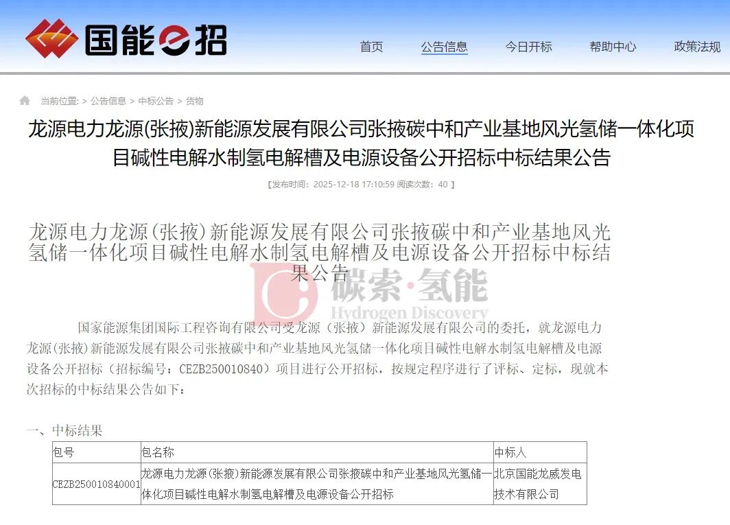 国家能源集团旗下企业,包揽龙源电力12台电解槽订单