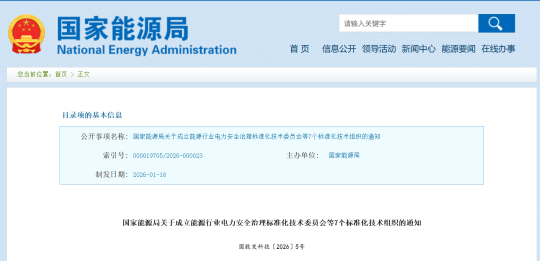 国家能源局：成立“电力安全”等标准化技术委员会