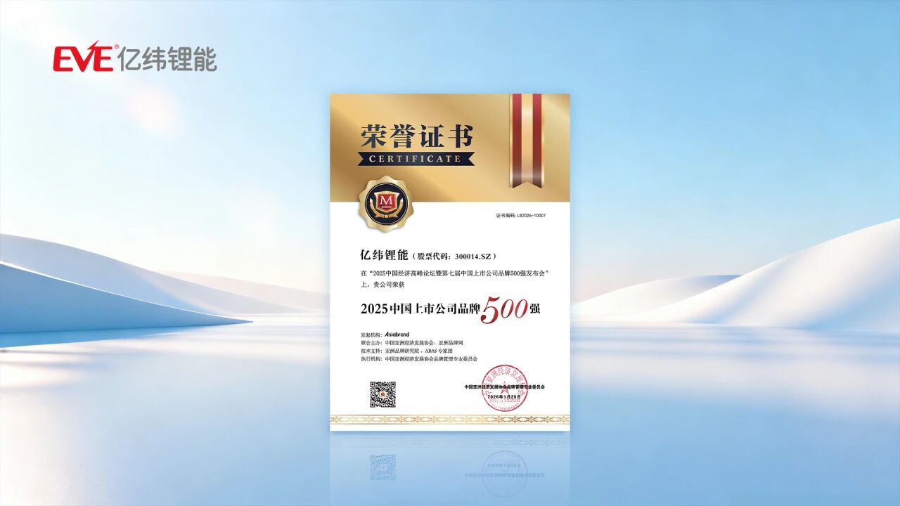 亿纬锂能荣登Asiabrand 2025中国上市公司品牌500强