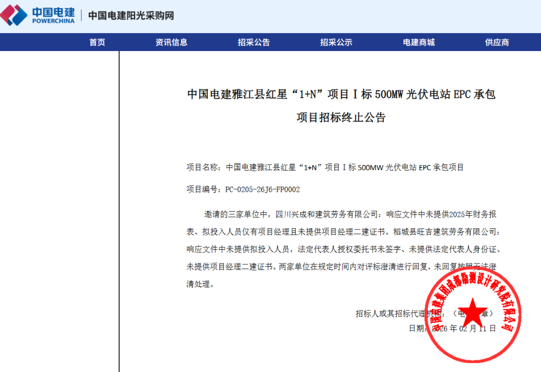 电力央企又一大光伏项目终止招标