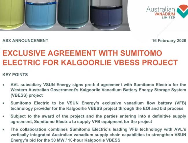 澳大利亚钒业与住友电工达成合作！强势冲击西澳50MW/500MWh钒电池储能项目