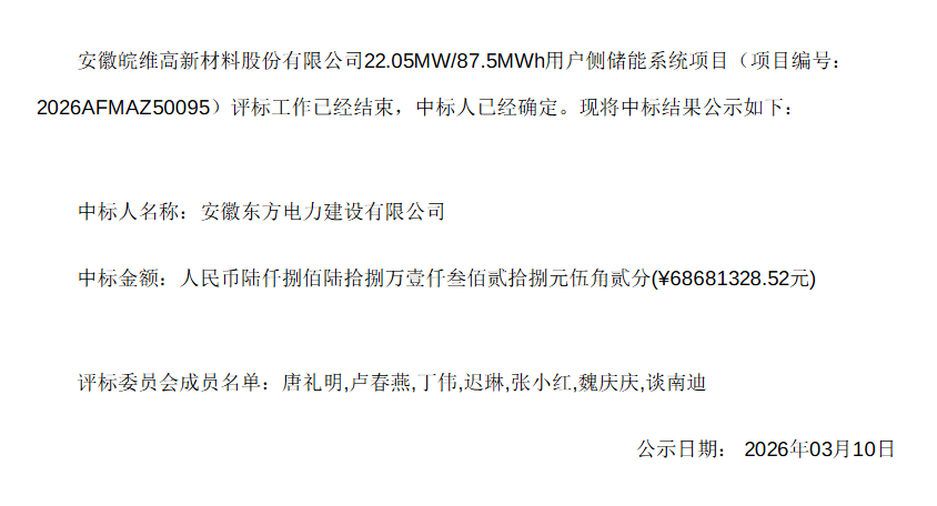 安徽东方电力建设有限公司中标安徽皖维高新材料22.05MW/87.5MWh用户侧储能项目