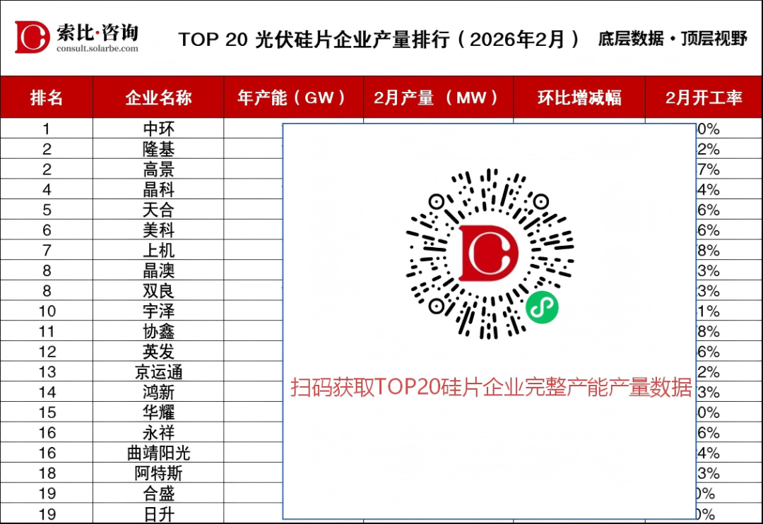 TOP20硅片企业2月产量排行榜：高景追平隆基，永祥暴跌42.9%，晶澳晶科降幅显著
