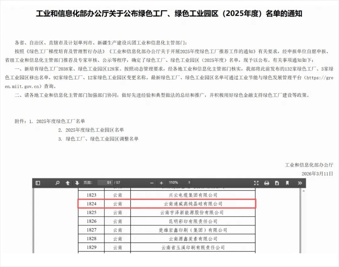云南通威入选“2025年国家级绿色工厂”名单
