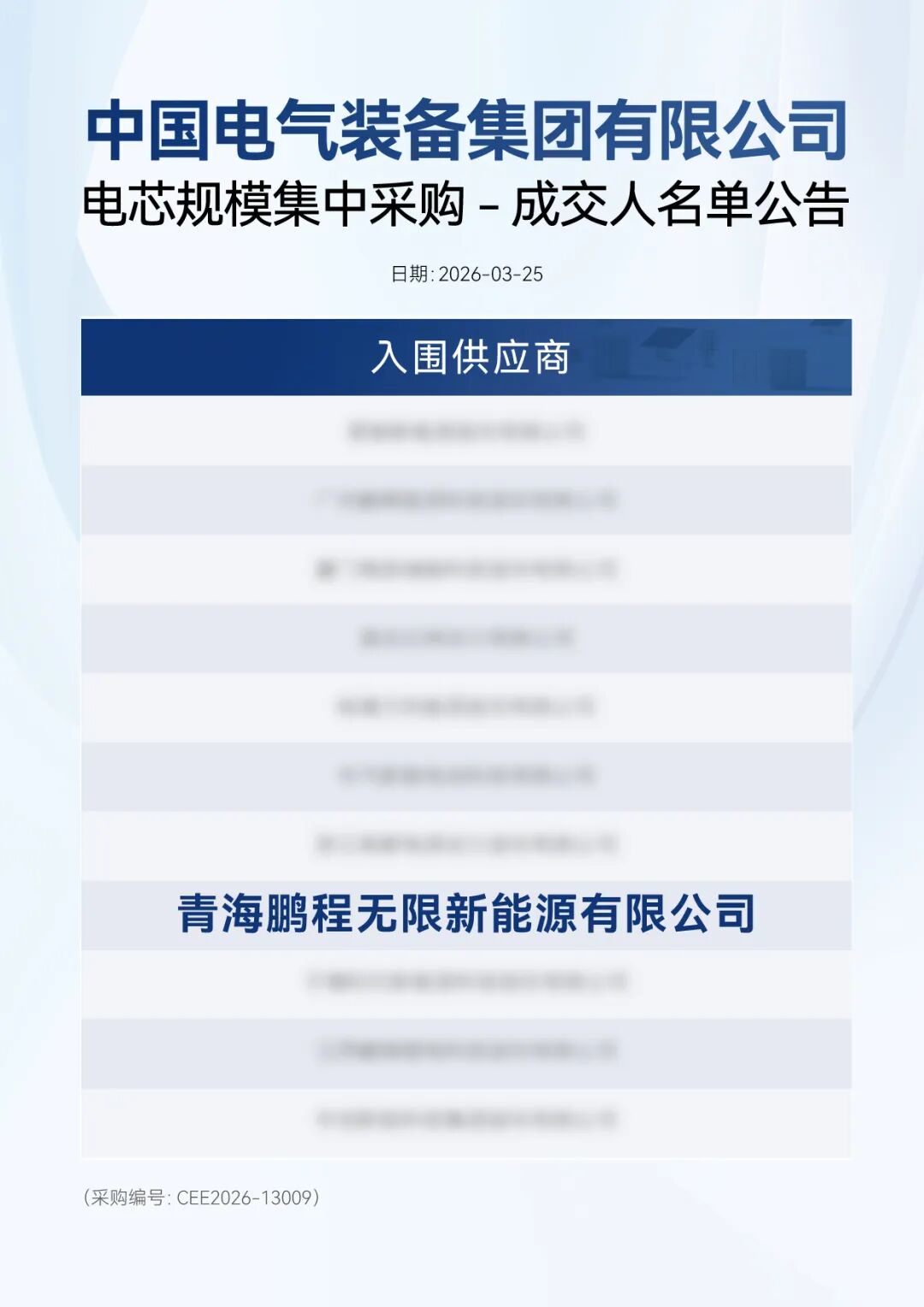 再获央企认可！鹏程无限成功入围中国电气装备储能集采名单