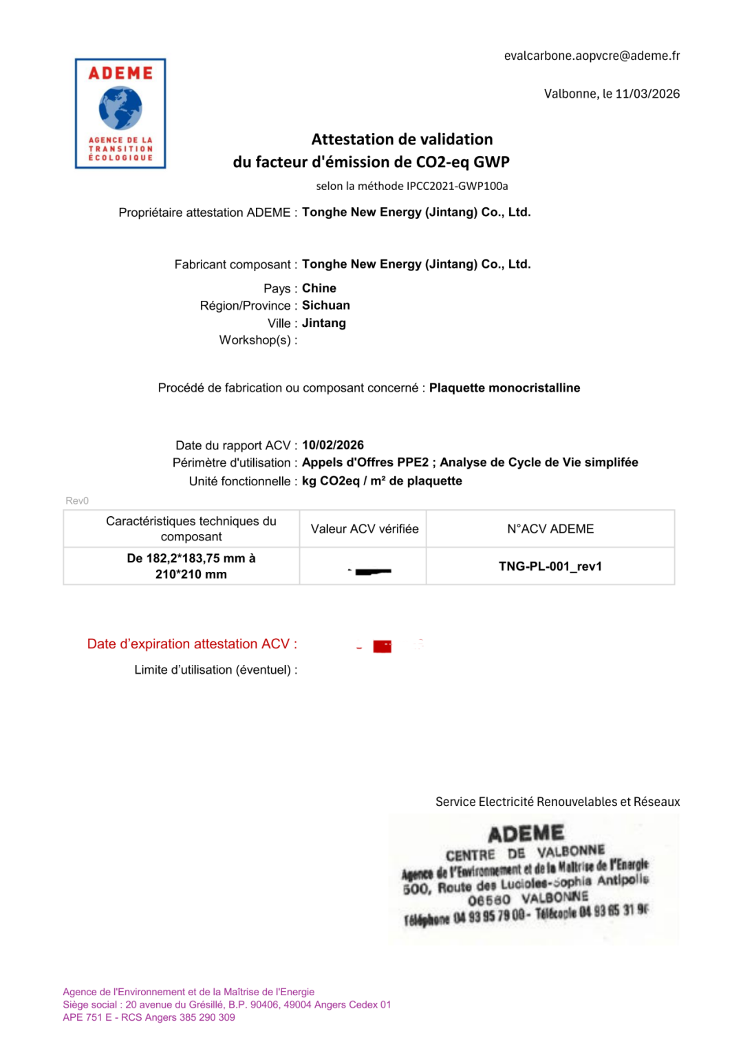 通合新能源（金堂）有限公司单晶硅片产品荣获法国碳足迹认证证书