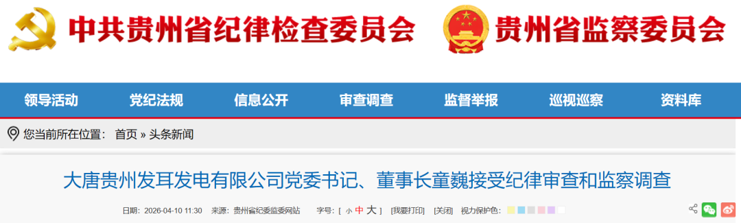 大唐贵州发耳发电有限公司党委书记、董事长童巍，涉嫌严重违纪违法