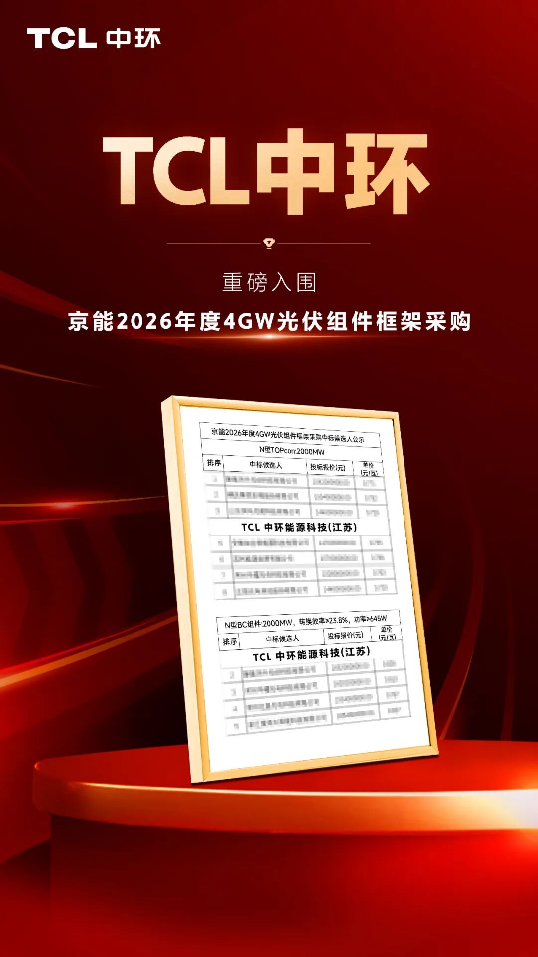 再获大单！TCL中环中标京能集团2026年度组件框架采购4GW双标段