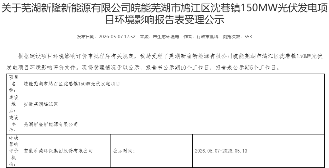 安徽150MW光伏发电项目公示！