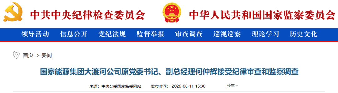 国家能源集团大渡河公司原党委书记、副总经理何仲辉被查