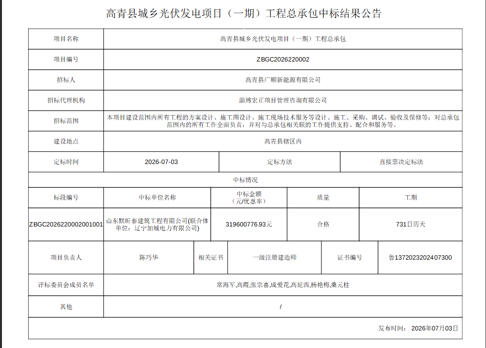 2.9元/W!山东淄博110MW光伏EPC中标结果公示!