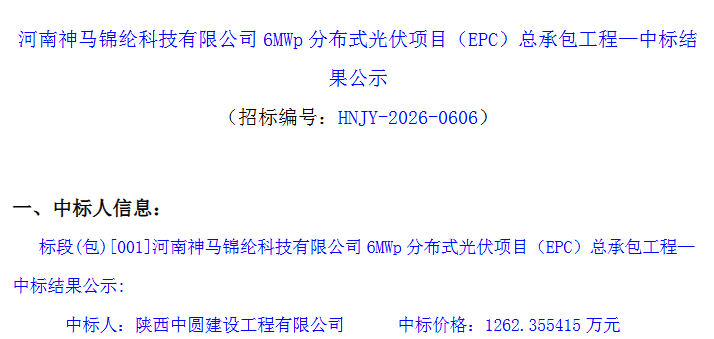2.16元/W!河南平顶山6MWp分布式光伏项目EPC中标结果公示