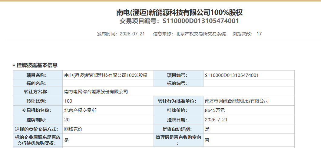 8645 万元挂牌转让 南网能源处置新能源相关资产