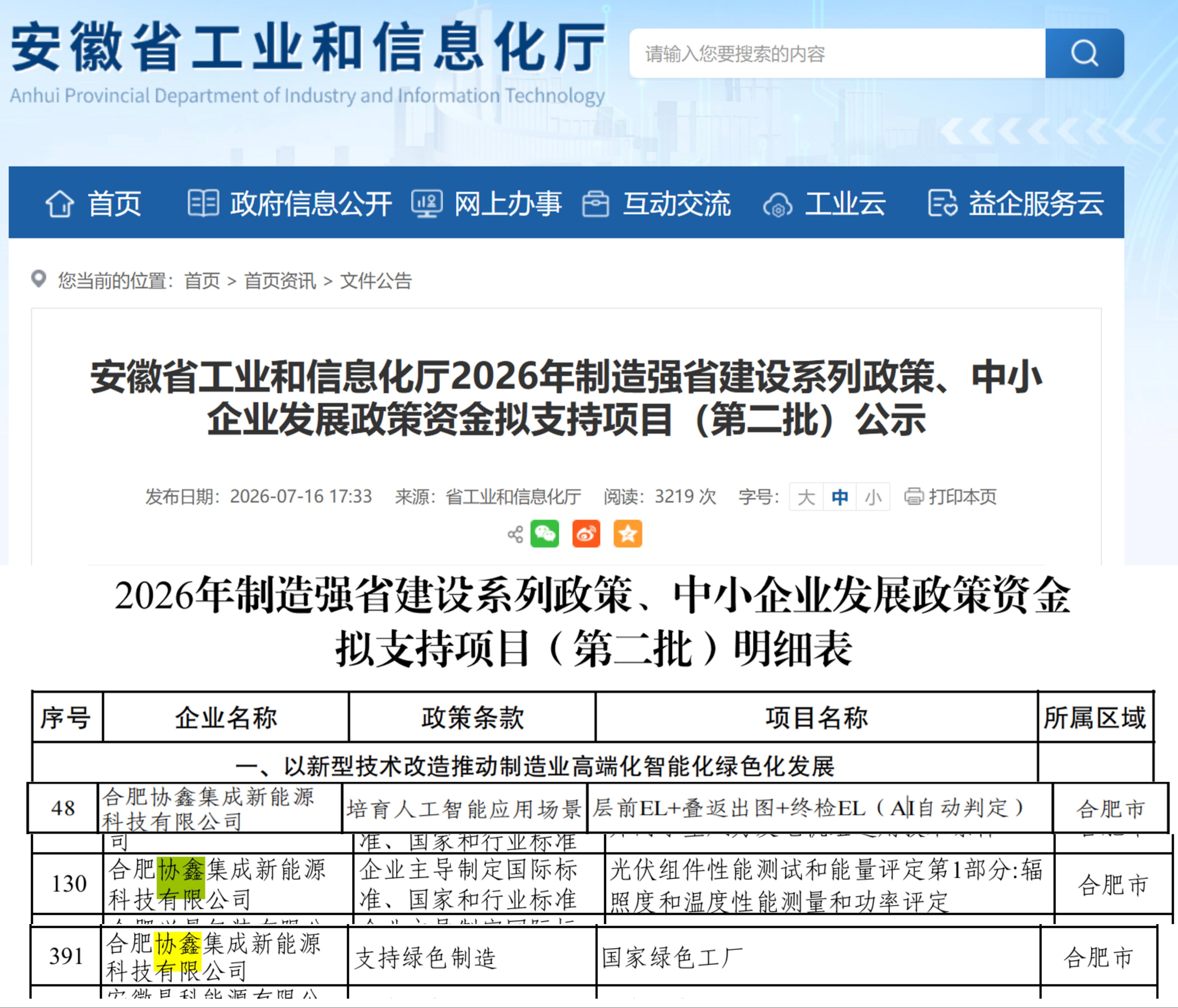 合肥协鑫集成三个项目入选2026年制造强省政策拟支持项目