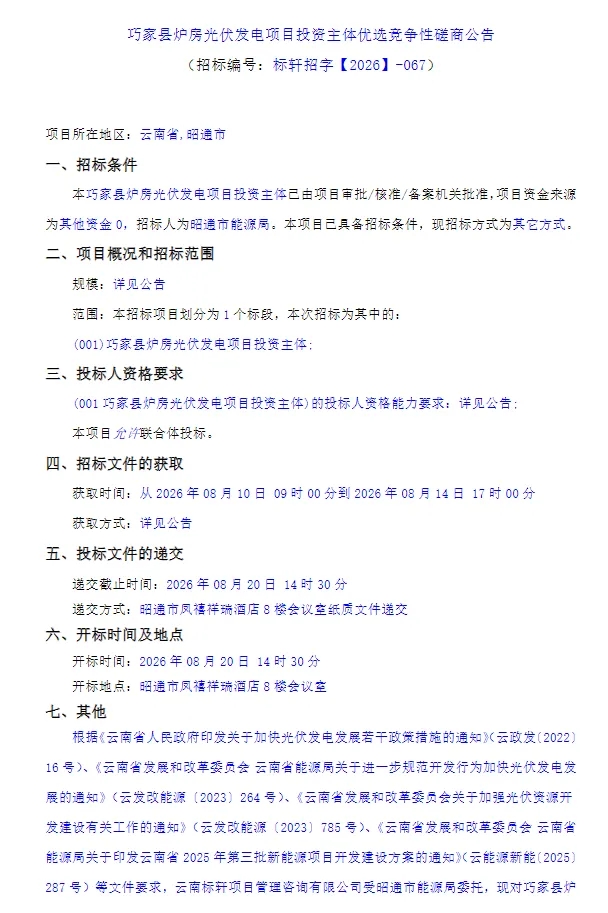 云南昭通市巧家县300MW光伏项目优选投资主体