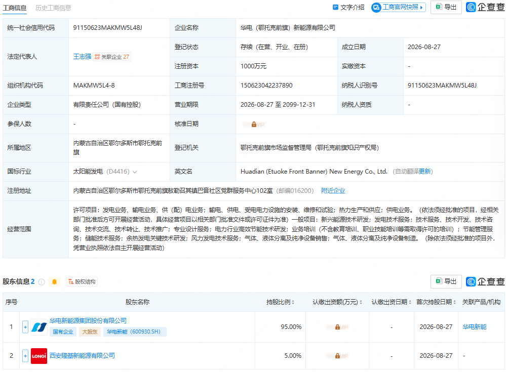 隆基绿能、华电新能投资成立新能源公司