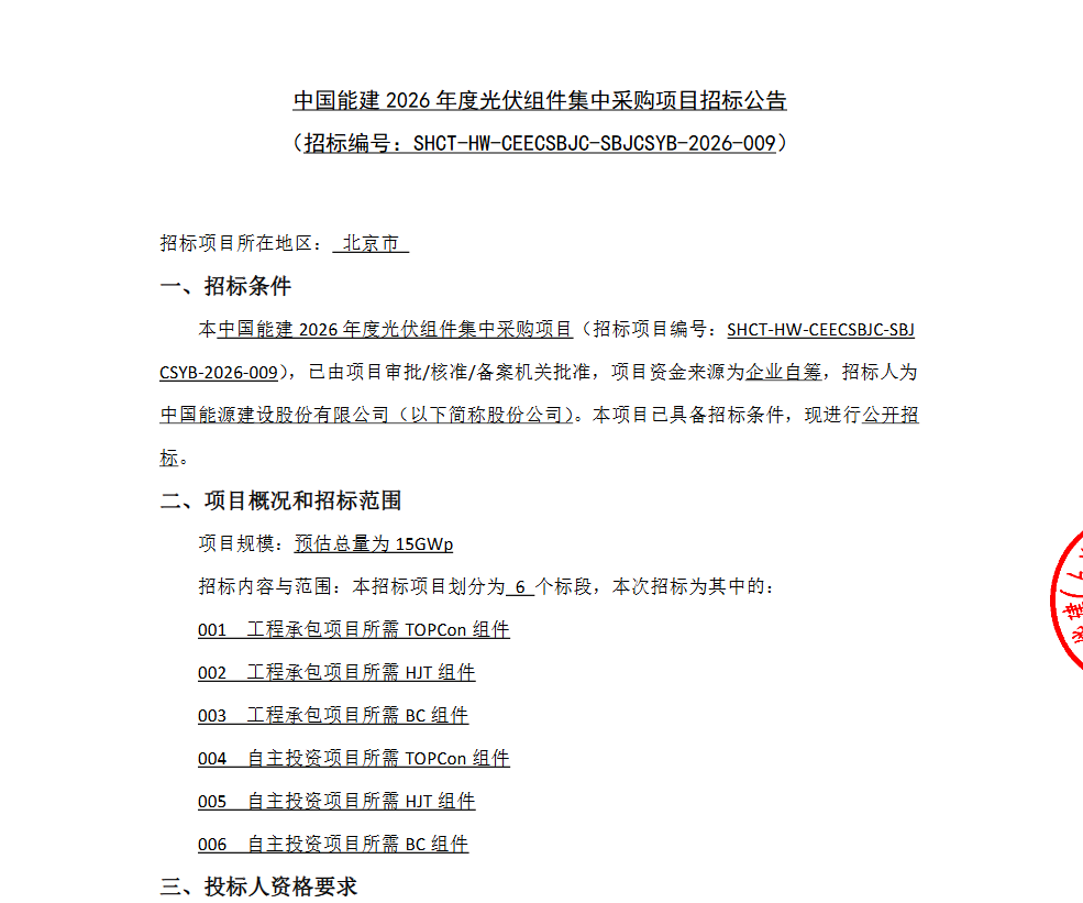 中国能建启动15GW光伏组件集中采购招标