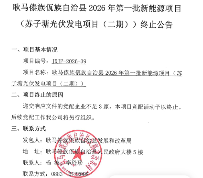 竞配企业不足3家，云南又一光伏项目终止