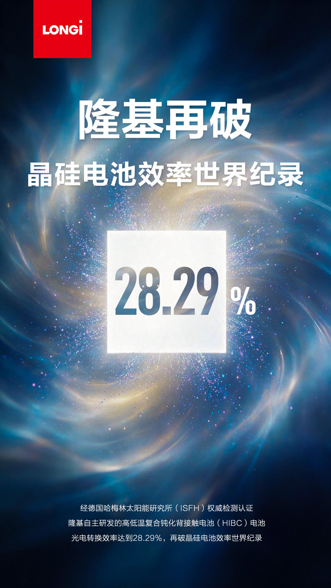 28.29%！隆基晶硅电池效率再破世界纪录