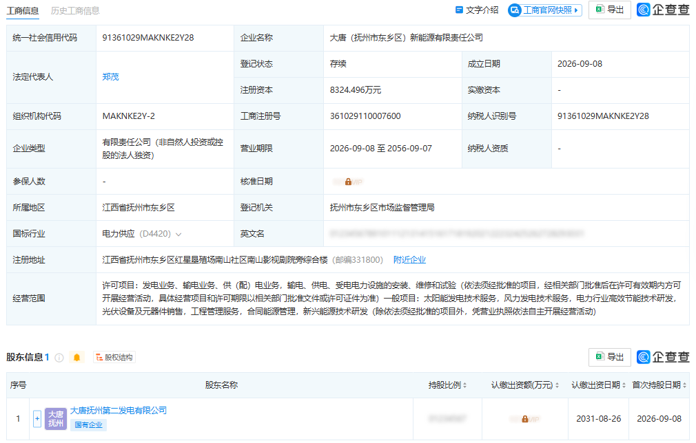 大唐发电在江西成立新能源公司，含太阳能发电业务