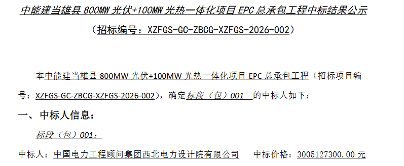中国能建800MW光伏+100MW光热项目EPC中标结果公示