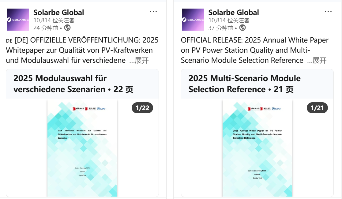 索比光伏网发布《2025年度光伏电站质量白皮书暨多场景组件选型参考》英文及德文版，赋能全球光伏精准选型