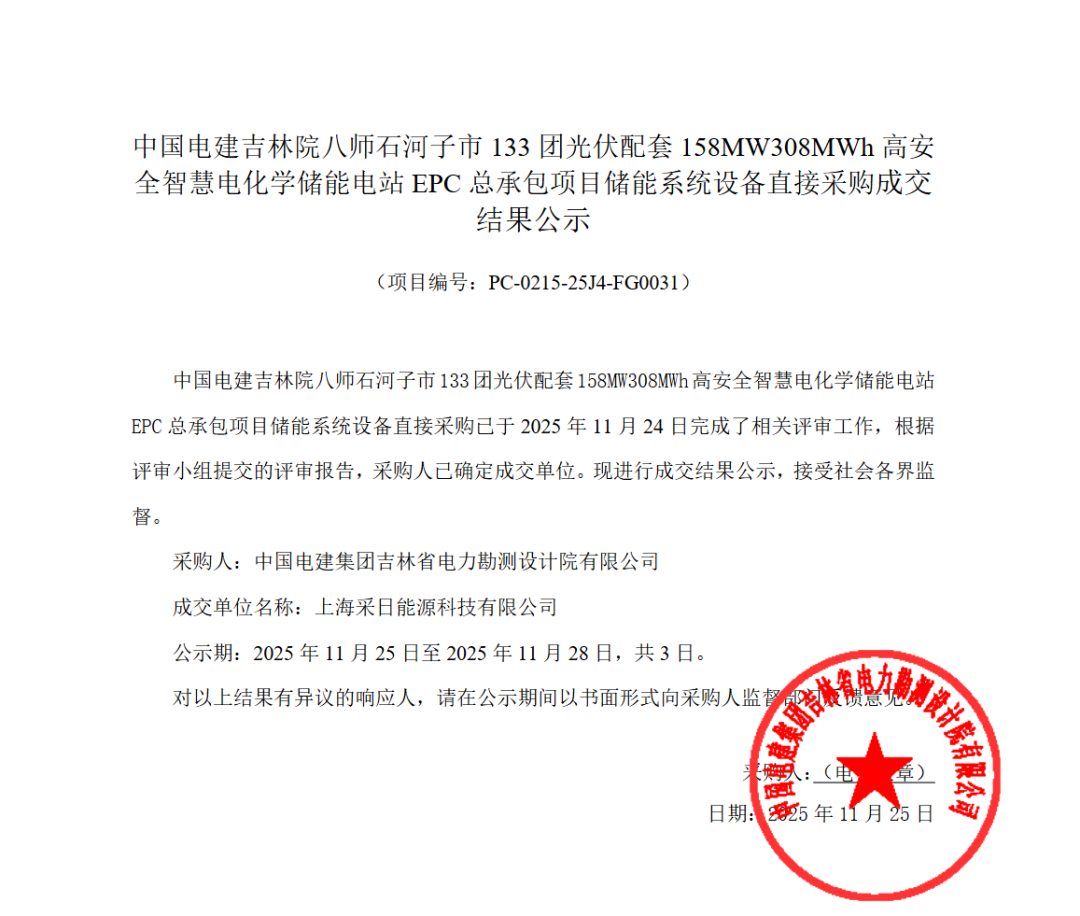 采日能源中标!中电建158MW/308MWh储能系统设备直接采购成交结果公示