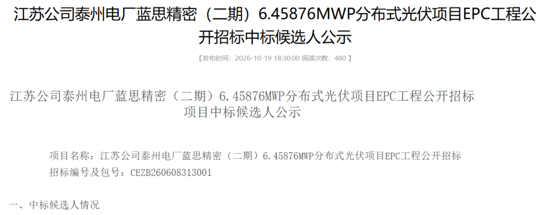 2.155元/W!国能6.46MWp分布式光伏项目中标候选人公示